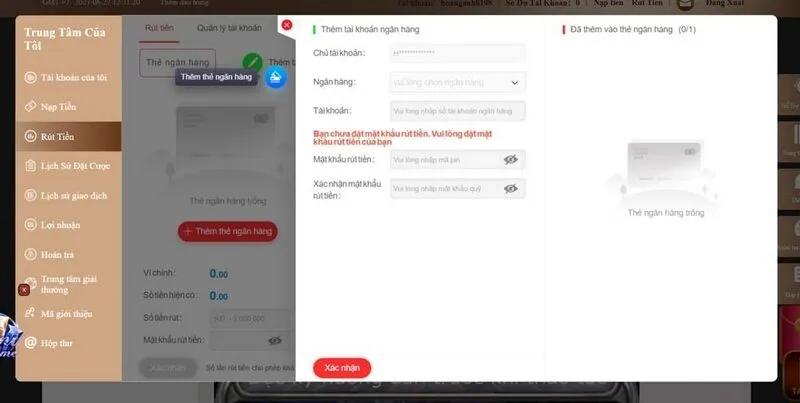 nhập các thông tin rút tiền